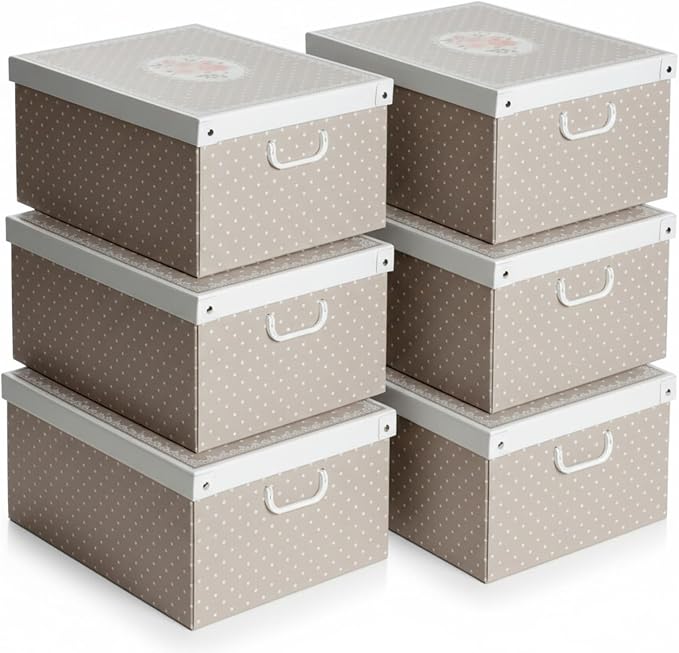 Lavatelli: Storage Box 6 Pack: Large - Grey Polka Dots - Lid & Handles, Decorative Cardboard Organizer, Stack, Home-Clothes-Linens, 19.7 x 15.4 x 9.4