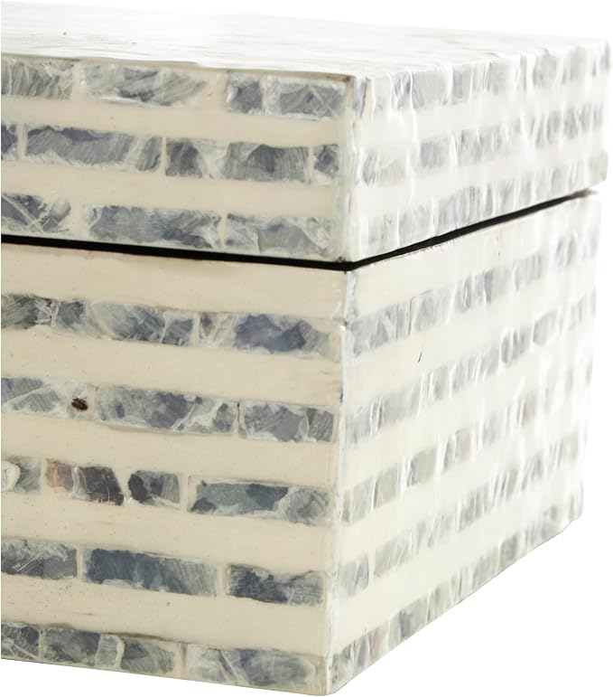 Deco 79 Mother of Pearl Shell Geometric Handmade Decorative Box Linear Mosaic Storage Decorative Keepsake Box with Cream Underlay, Set of 2 Storage Box 12", 8"W, Cream