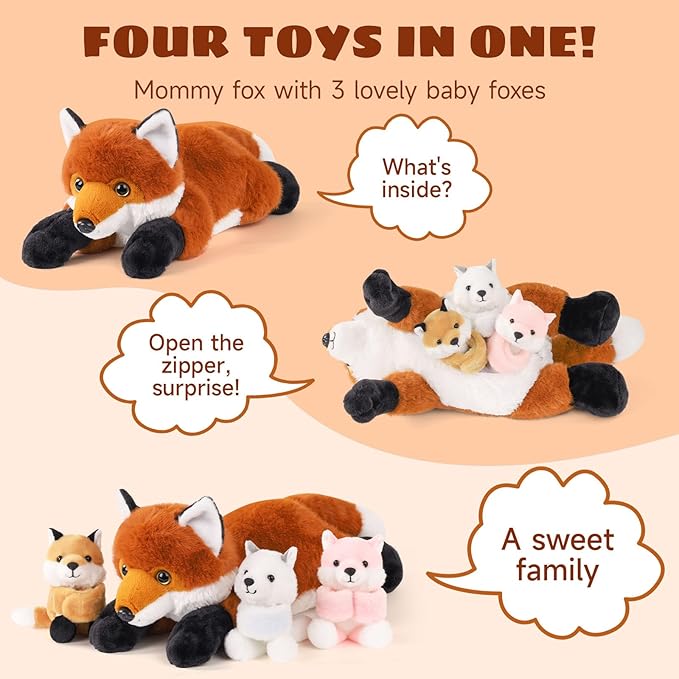 4 in 1 Fox Stuffed Animal Plush, 19" Large Mommy Stuffed Red Fox Toy with 3 Baby Stuffed Foxes Inside, Huggable Fox Plushies Pillow Gifts for Kids Christmas Birthday Party Favor