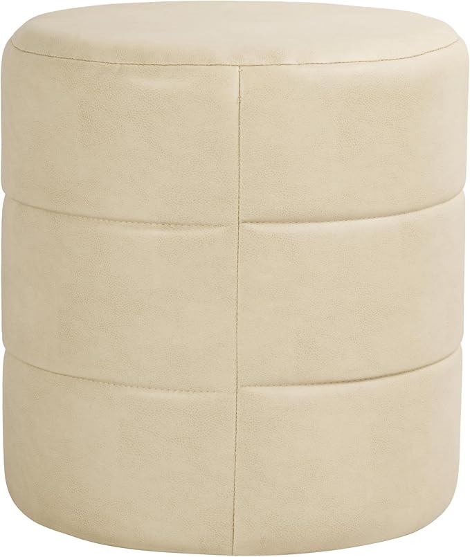 HomePop Upholstered Faux Leather Round Ottoman (No Lid, Seat Only) | HomePop Home Décor | Round Pouf Foot Rest – Cream Faux Leather