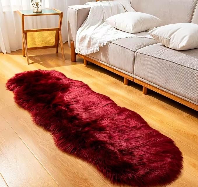 Faux Fur Sheepskin Runner Rug Burgundy 2x6 ft Ultra Soft Shaggy Plush Fluffy Fuzzy Area Carpet Decorative Chair Cover Floor Mat for Bedroom Sofa Living Room Bedside