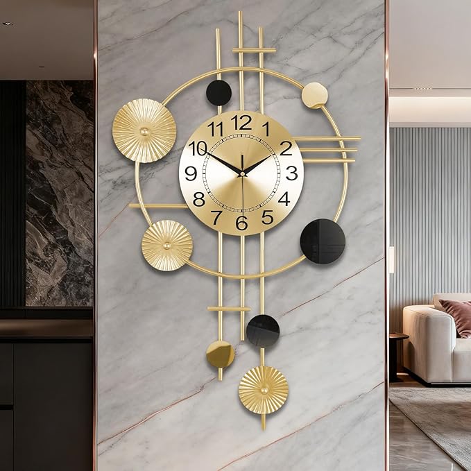 Large Wall Clocks for Living Room,Silent Non Ticking, Battery Operated Oversized Round Modern Wall Clock for Bedroom Farmhouse Office Wall Decor-17.1x29.1Inch(Golden)