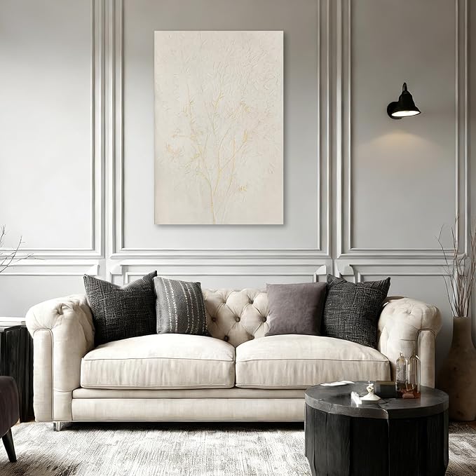 ZUNARE Minimalist Botanical Canvas Wall Art Neutral Beige and Gold Line Plant Painting Modern Abstract Artwork for Living Room Bedroom Office Decor 32x48 inch