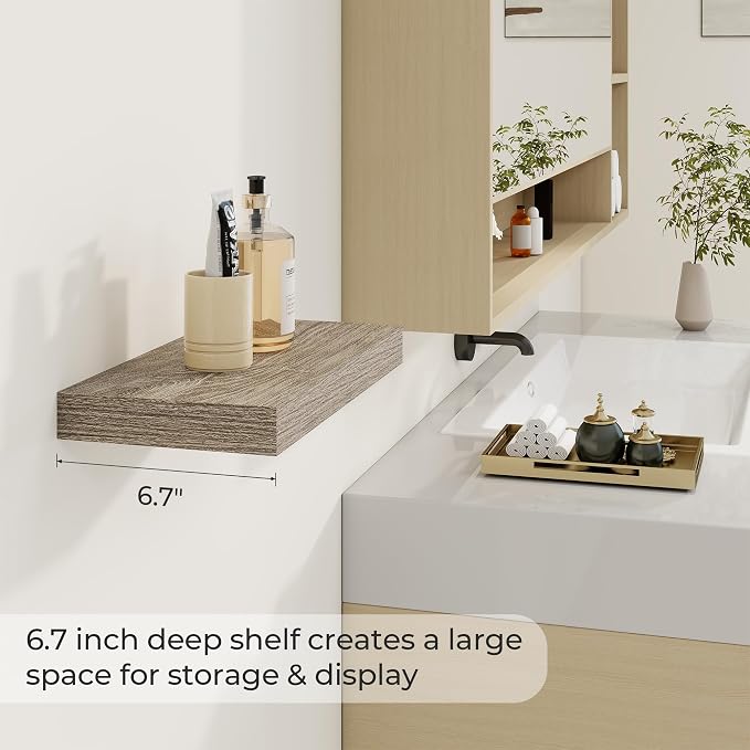 Dreamland 16" Floating Shelves 6.7" Deep Wall Mounted Set of 2 Grey | Wall shelves for bathroom, bedroom, Living Room, kitchen, deep wall mount wood storage display for home decor 16" x 6.7"
