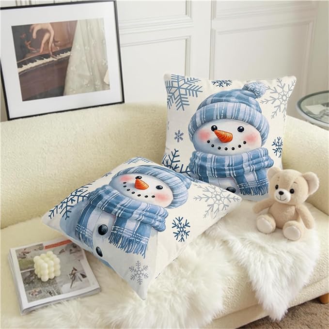 Lovely Blue Snowman Pillow Covers Winter Throw Pillow Case 22x22 Set of 2 Snowflakes Pillowcase Holiday Cushion Case for Living Room Bedroom Couch Sofa