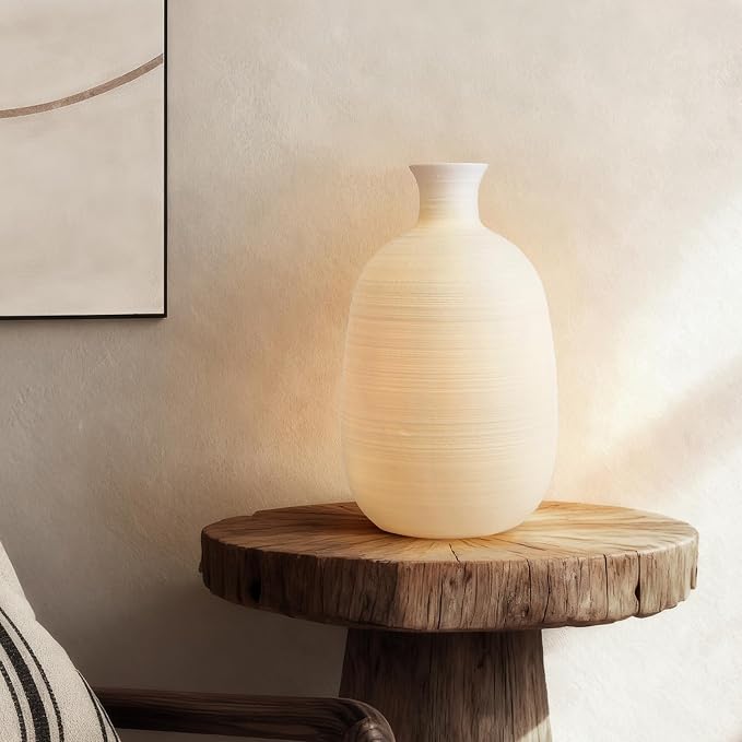 RONDURE 10.4" Modern Ceramic Table Lamp, Fully Dimmable Bedside Lamp for Bedroom Living Room Nightstand, White Translucent Ceramic Shade, Warm Ambient Decorative Corded Lighting, Bulb Included
