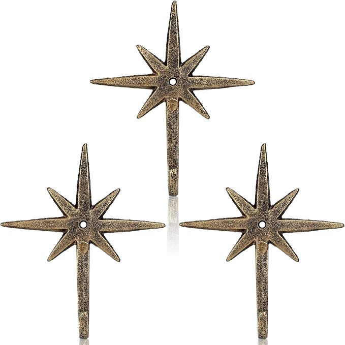 3 Pcs Cast Iron 8 Pointed Atomic Starburst Cute Wall Hooks Mid Century Star Hooks Modern Decor Easy Install Decorative Towel Hook for Coats Aprons Hats Vintage and Eclectic Decor