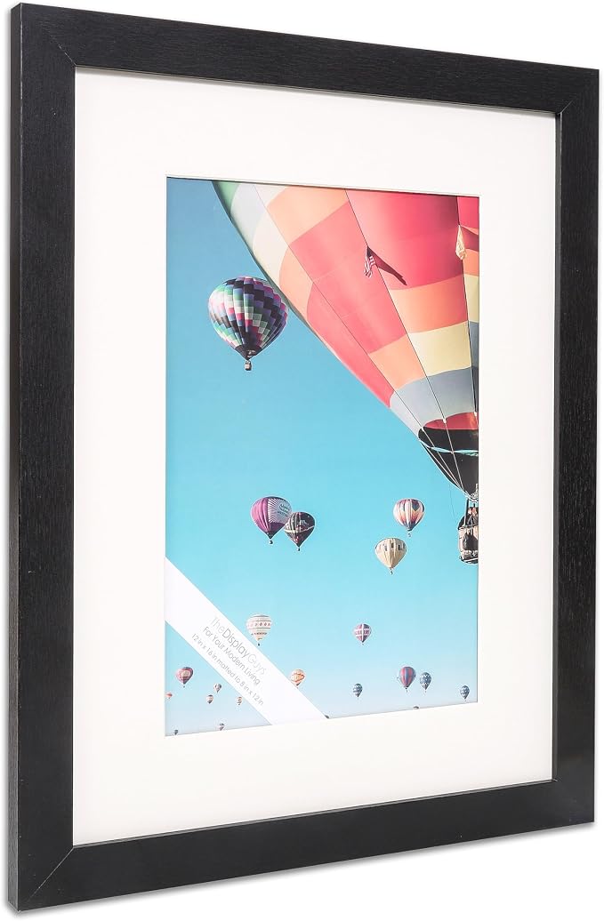 The Display Guys - Black Wooden Minimalist Picture Frames Set - Tempered Glass - 12x16 matted to 8x12 - Wall Hanging - 4-Pack