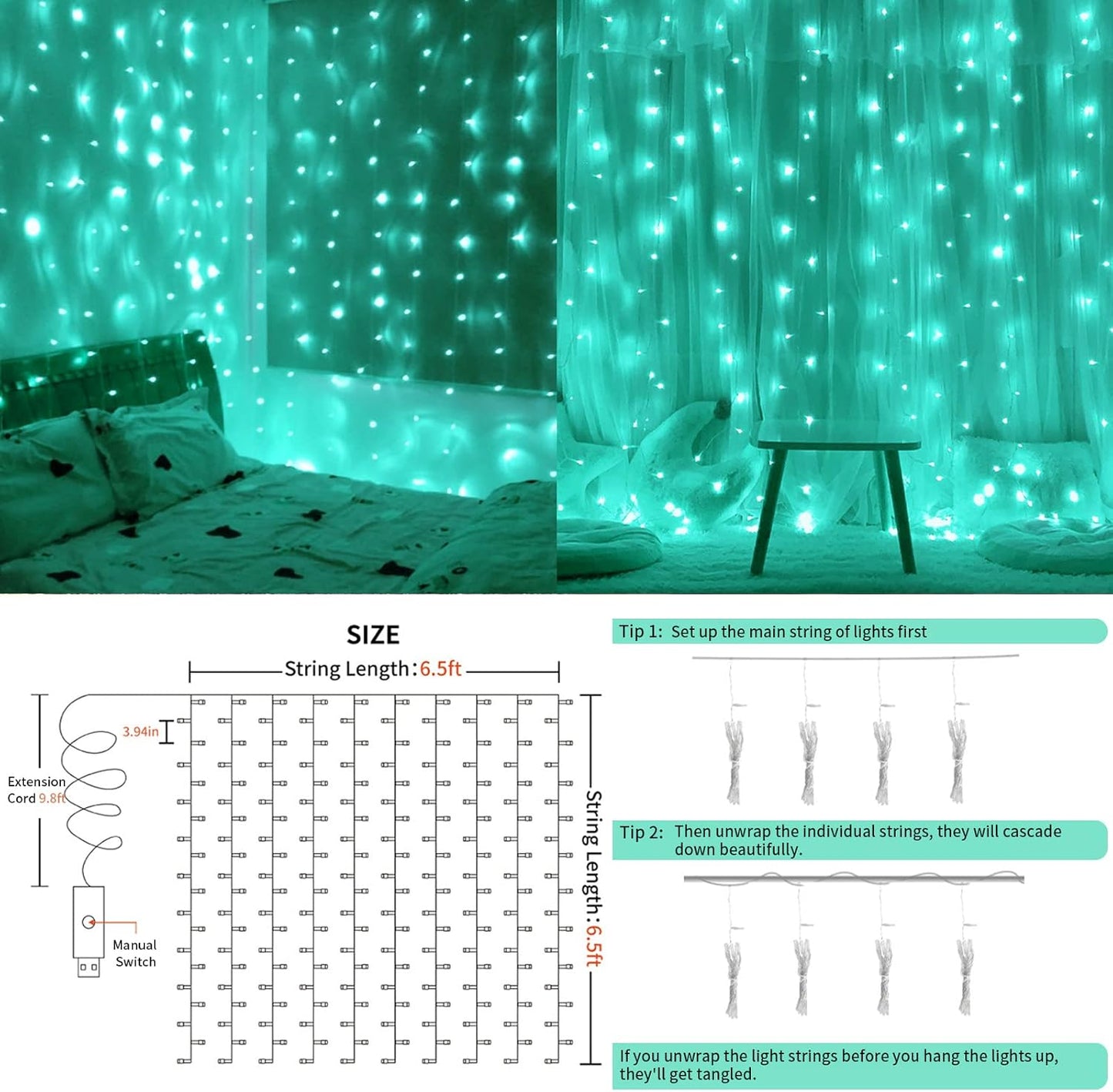 suddus Curtain Lights for Christmas, 200 Led 6.5ft x 6.5ft Hanging String Lights Outdoor, Fairy Curtain Lights for Backdrop, Window, Wall, Party, Garden, Bedroom, Birthday Decorations, Teal