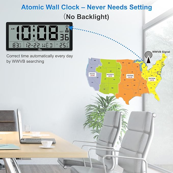 WallarGe Atomic Clock with Indoor Outdoor Temperature - Easy to Read - Self Setting, 14.5'' Jumbo Auto Set Digital Wall Clock Battery Operated
