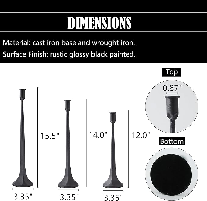 Denique Iron Taper Candle Holder Set of 3, Black Candlestick Holders Decorative Candle Stand, Tapered Candle Holders Tall Set for Wedding, Dining Table, Home Decoration (Black)