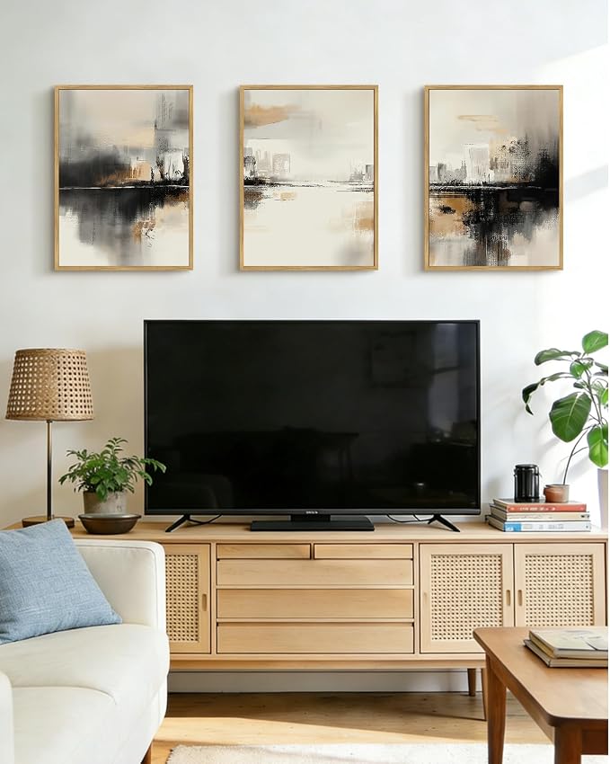 PHOPAGO Black Gray Abstract Landscape Framed Wall Art Brown Tan Neutral Wall Decor Minimalist Modern Illustrations Prints Bedroom Home Decor - 12x16in Natural Framed