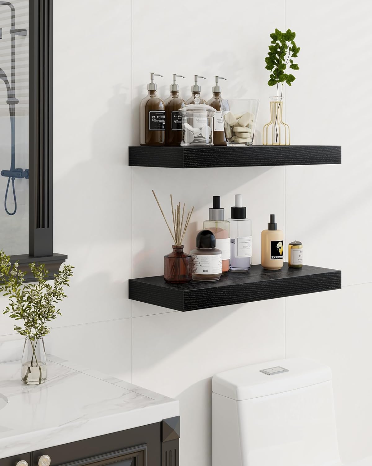 Marsmiles 16" Floating Shelves for Wall, Wooden Shelves with Invisible Brackets Set of 2, Rustic Farmhouse Wall Mounted Shelf for Kitchen Bathroom Living Room Study, Black