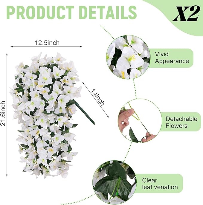 Fake Bougainvillea Artificial Flowers for Outdoors Decoration 2 pcs Faux Hanging Flowers Plants for Outdoor Planters UV Resistant Silk Bougainvillea Vines for Front Door Porch Urn Patio Garden