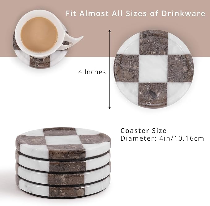 Marble Coasters Set of 4, White & Oceanic Handmade 4 inch Round Stone Coaster, Drink Checkered Coaster Plates for Coffee Table, Stylish Bar Accessories & Modern Home Décor
