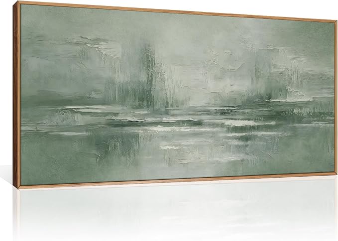 HPNIUB Large Abstract Sage Green Framed Canvas Wall Art Set,Vintage Neutral Brush Stroke Wall Decor, Minimalist Lake Landscape Artwork for Living Room,Bedroom,Office -20"x40"x1