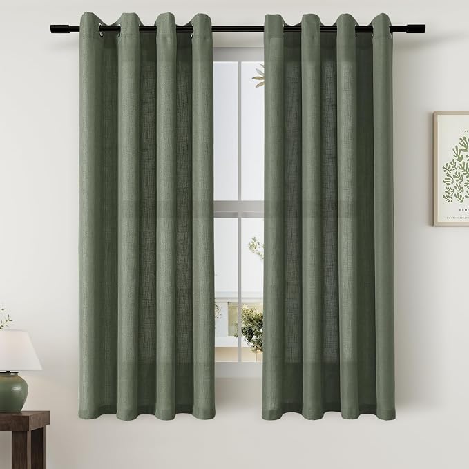 Green Linen Curtains 54 Inch Length 2 Panels for Kitchen Dining Room Grommet Light Filtering Semi Sheer Farmhouse Country Boho Cafe Olive Forest Green Short Curtains for Small Window 54 Inches Long