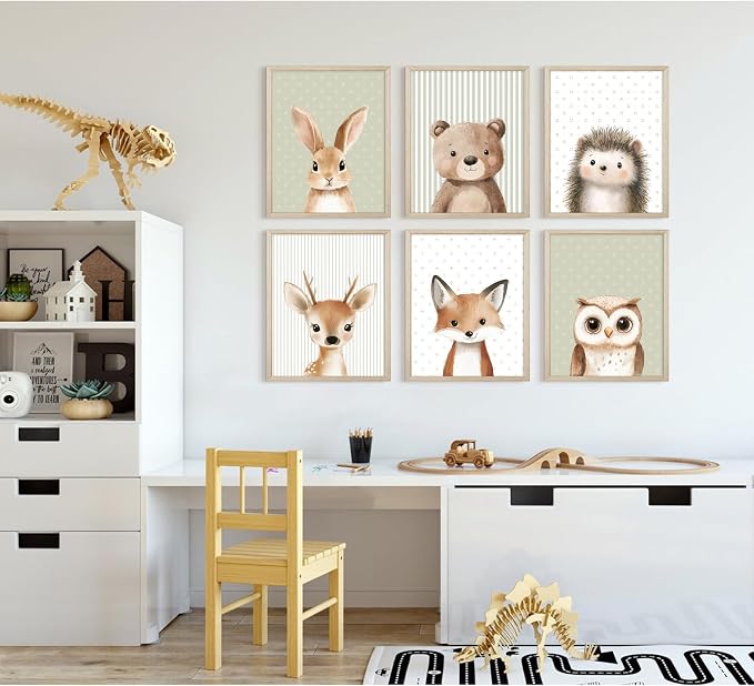 Woodland Animal Nursery Wall Art Decor Baby Kids Canvas Poster Safari Animal Wall Decor Jungle Forest Prints Bear Fox Deer Pictures Sage Green Painting Neutral Artwork for Bedroom 8x10x6 Inch Framed