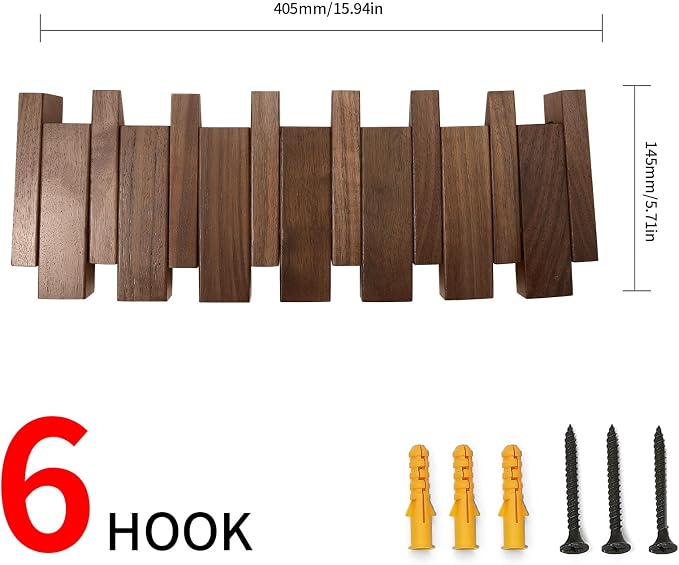 Wooden Coat Rack Hanger Wall Mount with 6 Hooks Wall Mounted Coat Rack Coat Rack Wall Mount Made of Walnut Wood