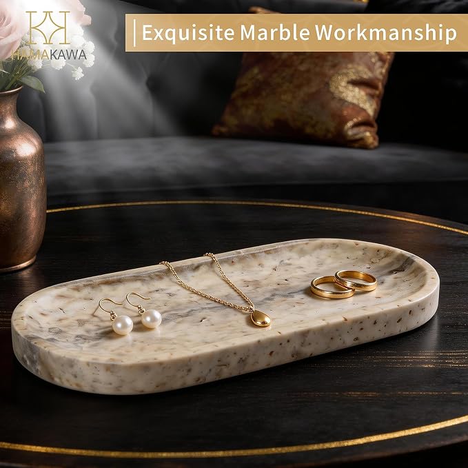 Bathroom Vanity Tray, Natural Marble Oval Tray 10 inch, Light Grey Travertine Vanity Tray for Soap Dispenser Modern Countertop Organizer for Kitchen Countertops, Home Decor