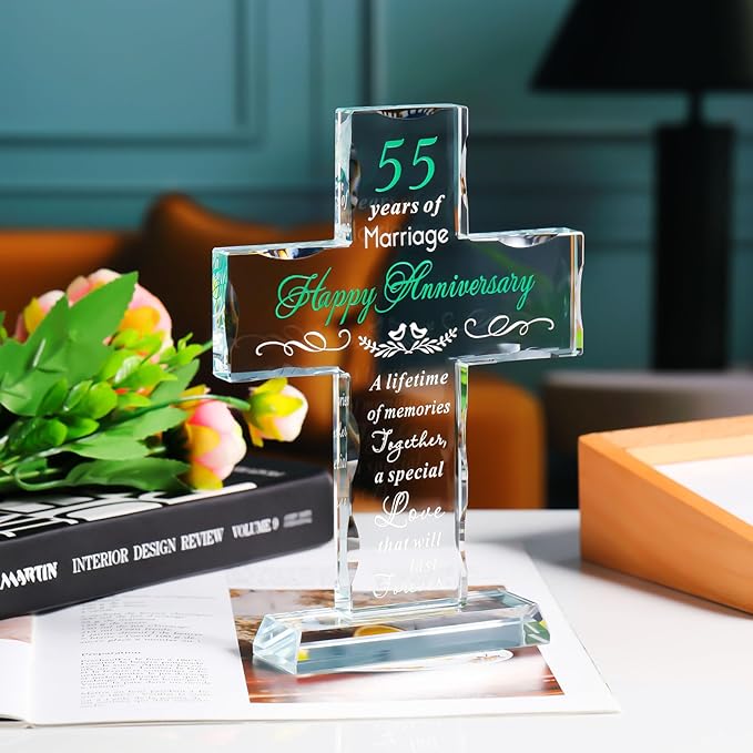 YWHL 55th Wedding Anniversary Glass Cross Gifts for Women Men, 55 Year Anniversary Religious Gift for Couple, Laser Engraved 55 Years of Marriage Party Decoration