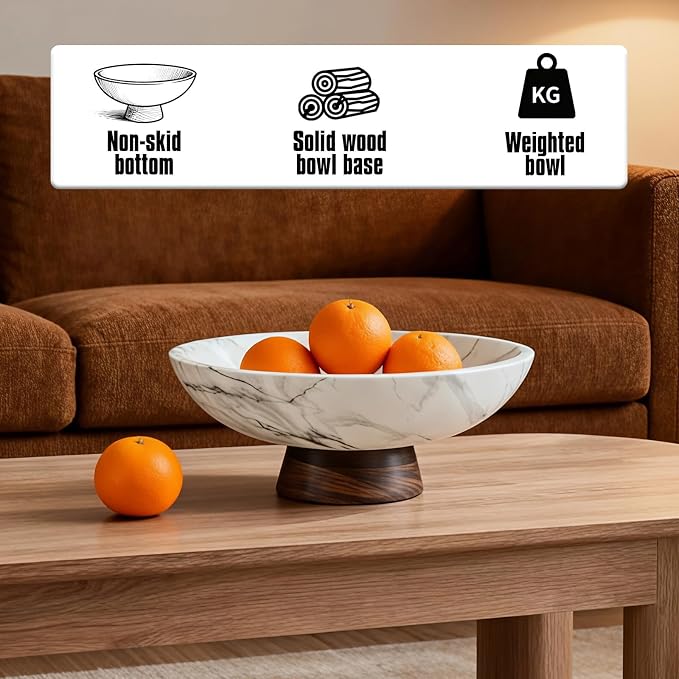 White Marble Texture Decorative Bowl with Acacia Wood Base – 11" Modern Pedestal Fruit Bowl for Table Centerpiece, Entryway or Kitchen Décor