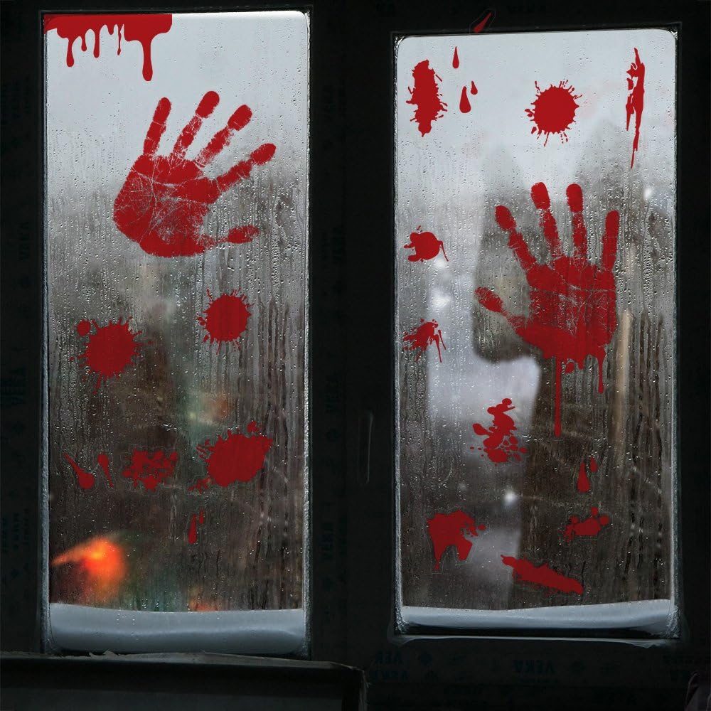 KUUQA 4 Pcs Bloody Handprint Clings Horror PVC Stickers Decals for Halloween Decorations