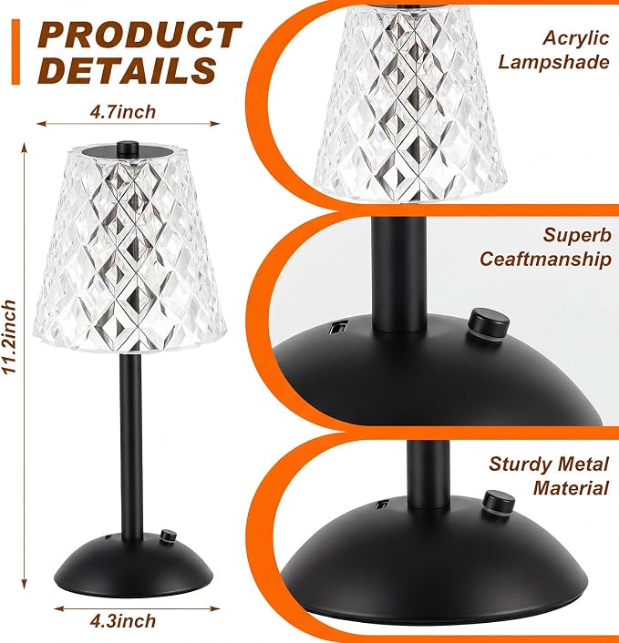 Liliful 2 Pcs Cordless Table Lamp Rechargeable Touch LED Small Gold Portable Battery Operated USB-c Desk Lamp 3 Color Dimmable for Bedroom Living Room Dining (Black,Diamond Style)