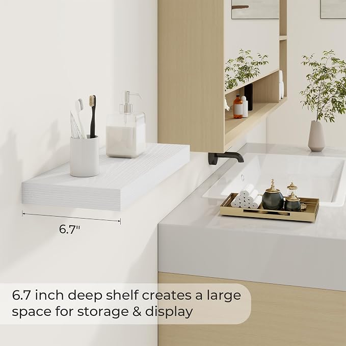 Dreamland 20Inch White Floating Shelves 6.7" Deep Wall Mounted Set of 2 | Wall shelves for bathroom, bedroom, Living Room, kitchen, deep wall mount wood storage display for home decor 20" x 6.7"