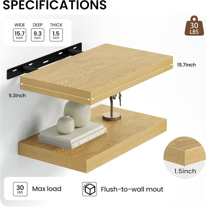 Heimlove 16 inchs Floating Shelves for Wall Set of 2,Shelf for Small Bathroom,Bedroom,Living Room,Kitchen,Modern Home Decor,Rustic Farmhouse Wall Shelves with Invisible Brackets,Oak