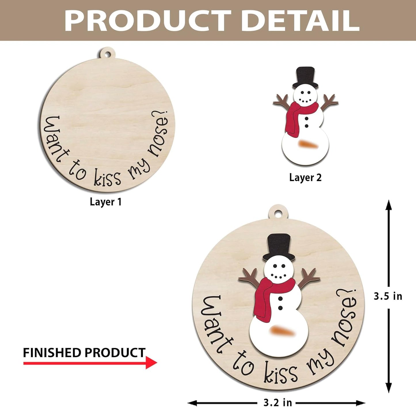 Funny Christmas Ornament – Adult Humor Snowman “Want to Kiss My Nose?” Wooden Round Tree Decoration, Hilarious Gag Gift for White Elephant, Secret Santa Exchange(L15)