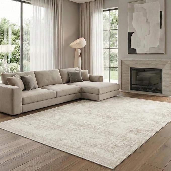 Homemate Washable Rug 6x9 Area Rugs - Vintage Faux Wool Rugs for Living Room Bedroom Dining Room - Non Slip Foldable Carpet Indoor Area Rug for Home Decor（6'x9', Beige
