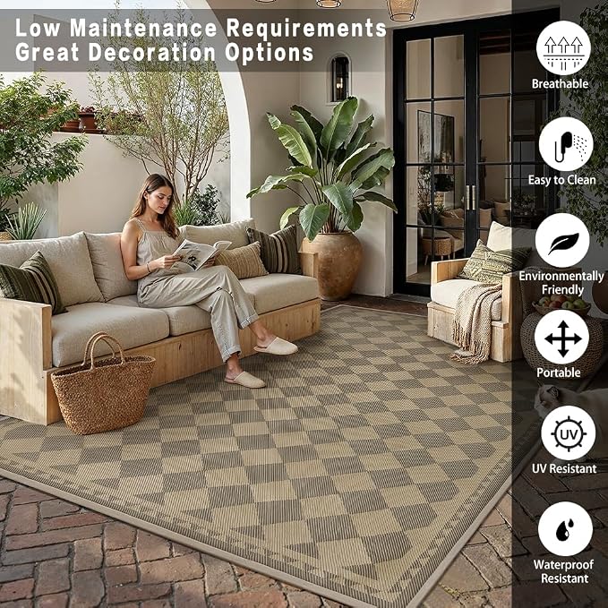 HUGEAR 5x8 Outdoor Rug Waterproof Checkered Patio Rug Home Decor Reversible Plastic Straw Black and Brown Rugs Outside Indoor Floor Mat for Camping Balcony RV Deck Porch Balcony Backyard