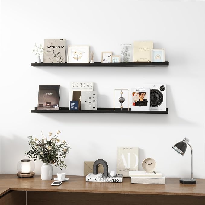 Acovy Picture Ledge Shelf, Wood Long Floating, Set of 2, 48 inch, Black | Wall Mounted, For Living Room Kids' Room Bedroom, Photo Ledge Nursery Book Shelves