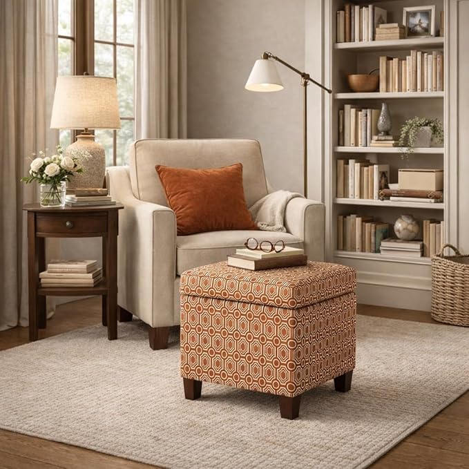 HomePop Upholstered Storage Cube Ottoman with Hinged Lid, Orange Geometric 17" x 17" x 18"