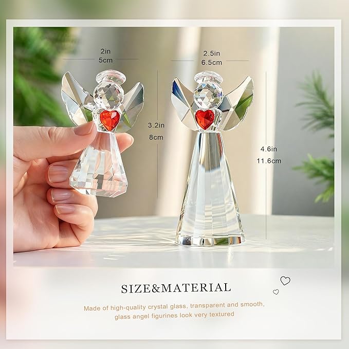 HDCRYSTALGIFTS Set 2 Crystal Angel Figurine for Mom Women, Glass Guardian Angels Ornaments Statues Holding a Heart Home Table Decoration Collectible (Clear,4.5''and 3'')