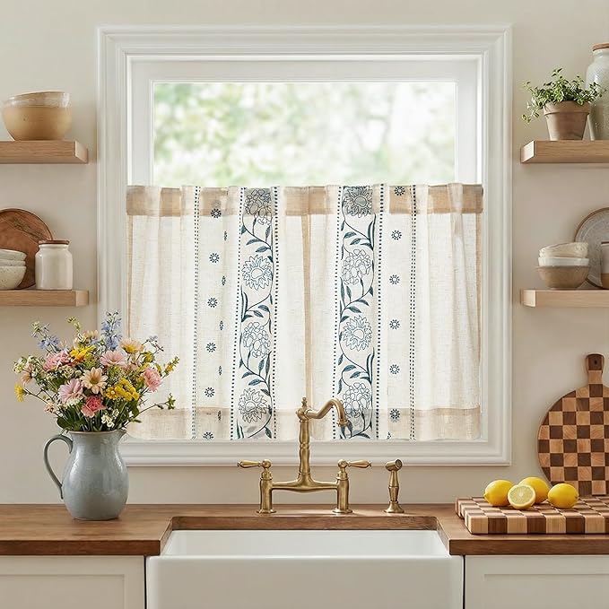 jinchan Winslow Linen Kitchen Curtains 24 Inch Length Small Window Curtains Embroidered Bordered Floral Drapes Light Filtering for Bathroom Laundry Room Farmhouse Decor Blue on Beige 2 Panels