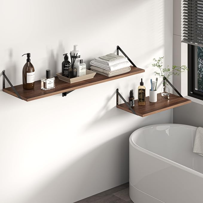 Heimlove 12 Inch Deep Floating Shelves for Wall, 44W x 12D Wood Wall Shelves Set of 2, Walnut Wide Floating Bookshelf for Living Room, Kitchen, Office, Bedroom, with Black Metal Bracke - Walnut