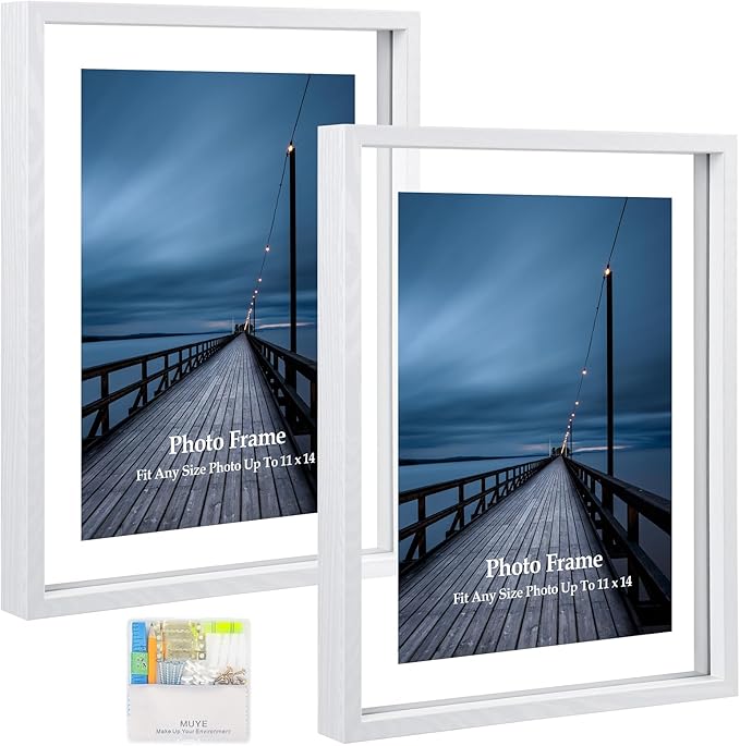 MUYE 11x14 Floating Frame Set of 2,Double Real Glass Photo Frame,Display Any Size Photo up to 11x14,Wall Mount or Tabletop Standing,White