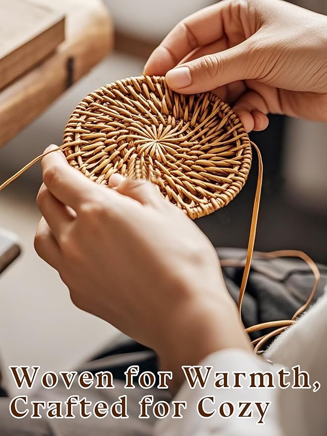 6pcs Natural Handmade Rattan Coasters with Holder - Wicker Drink Coasters Set for Protecting Table, Housewarming Gifts Boho Home Coastal Decor