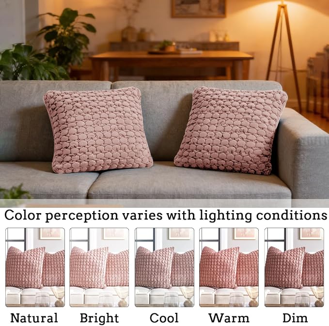 Throw Pillow Covers 18x18 Set of 2 Velvet Square Pillowcase Soft Skin-Friendly Thickened Decorative Farmhouse Cushion Covers Soft Bubble Texture for Couch Sofa Bedroom Living Room,Pink