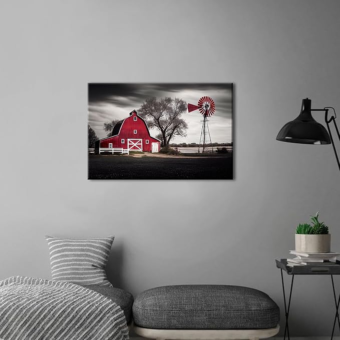 Farmhouse Windmill Wall Decor Red Barn Wall Art Bedroom Vintage Country Landscape Canvas Pictures for Living Room Farm Black White Old House Poster Nature Artwork Kitchen Office Home Decorations 12x16"