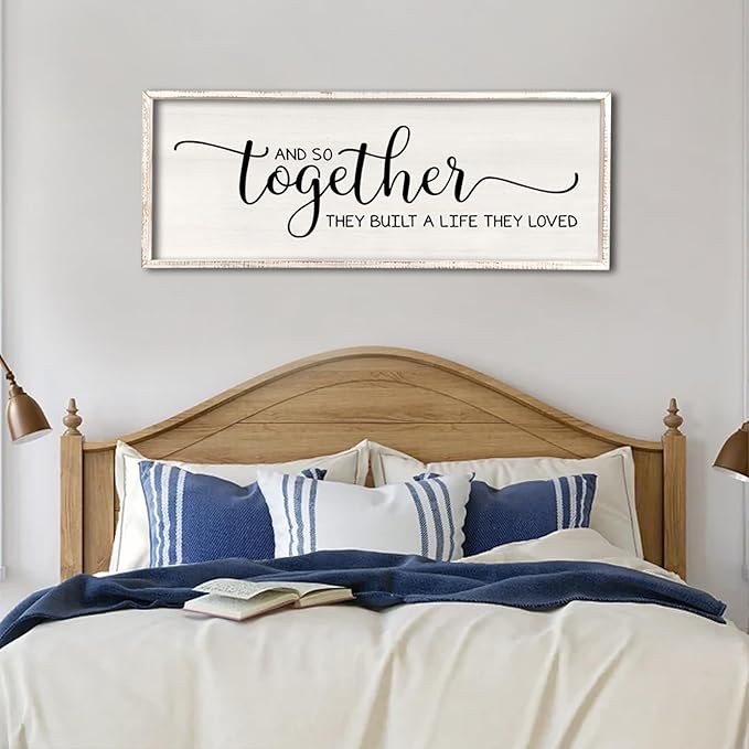 Surfapans And So Together They Built A Life They Loved Wall Decor 40”X15” Large Framed Farmhouse Wood Sign for Bedroom Above Bed Living Room Over Bed Wall Art Modern Hanging Decoration (White)