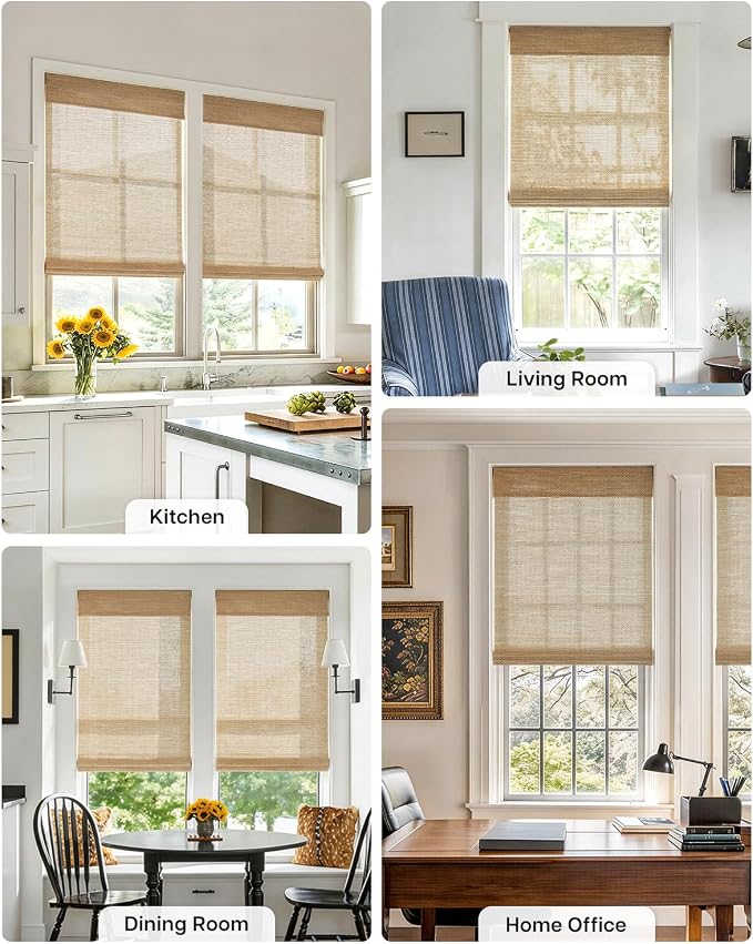 LazBlinds No Drill Cordless Bamboo Roman Shades, Light Filtering Blinds for Indoor Windows, Roll Up Bamboo Blinds for Home, 31" W x 64" H, Star-Brown
