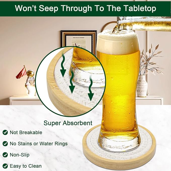 Eykao Bamboo Coasters for Drinks, Absorbent Coaster Sets of 5, Woven Drink Coasters for Coffee Table, Housewarming Gift for Farmhouse Home Decor,4 inches (White Series)