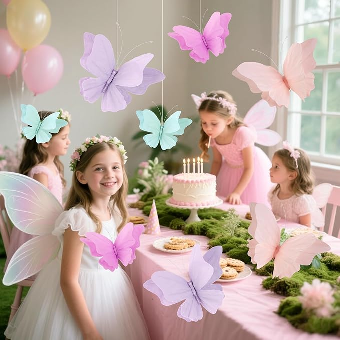 3D Hanging Butterfly Decorations, 8 Pcs Butterfly Birthday Party Decorations, Crepe Paper Butterfly Hanging Decorations for Girls, Women, Flower Garden Party Decorations