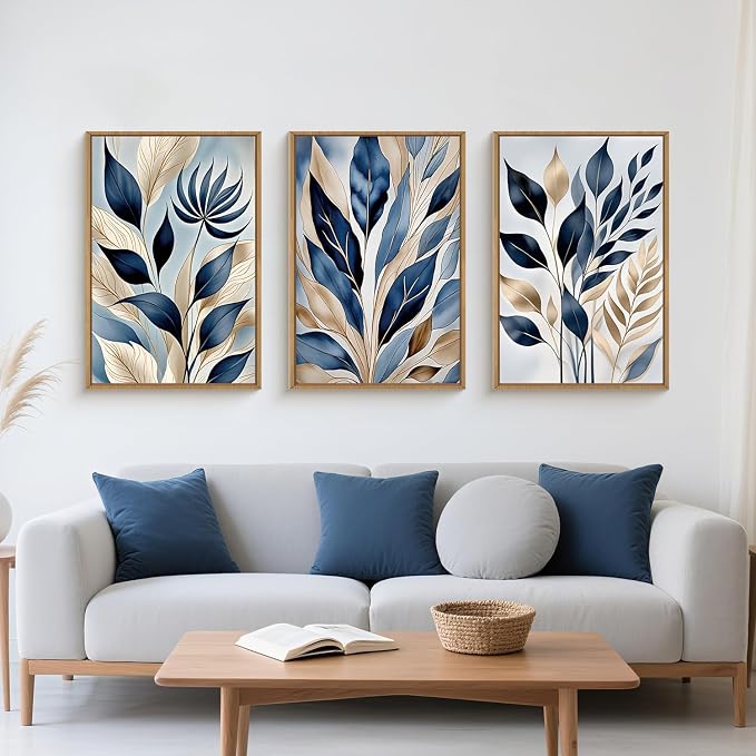 HPNIUB Blue Botanical Leaf Framed Wall Art Set,Modern Natural Blue and Gold Plant Wall Decor,Abstract Boho Minimalist Rustic Floral Leaves Artwork for Living Room, Bedroom,Office-16''x24''x3