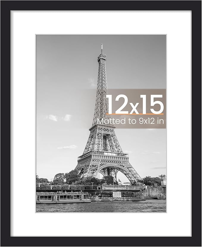 upsimples 12 x 15 Frame, Display Pictures 9x12 with Mat or 12x15 Without, Wall Hanging Photo Frame, Black, 1 Pack