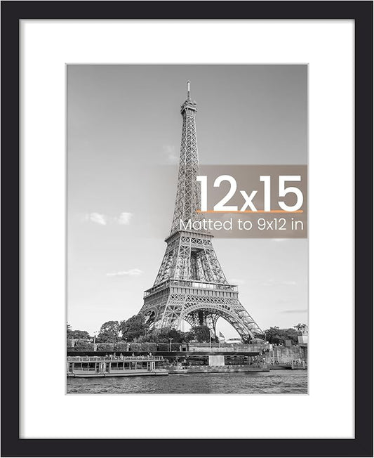 upsimples 12 x 15 Frame, Display Pictures 9x12 with Mat or 12x15 Without, Wall Hanging Photo Frame, Black, 1 Pack