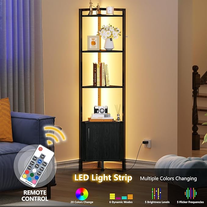 Furnulem Corner Shelf,5-Tier Corner Cabinet with Storage and LED Light, 62.8” Standing Display Bookshelf for Bedroom, Living Room, Kitchen, Wood Display Shelf (Black Oak) | with Storage, LED Light, for Bedroom, Living Room, Kitchen